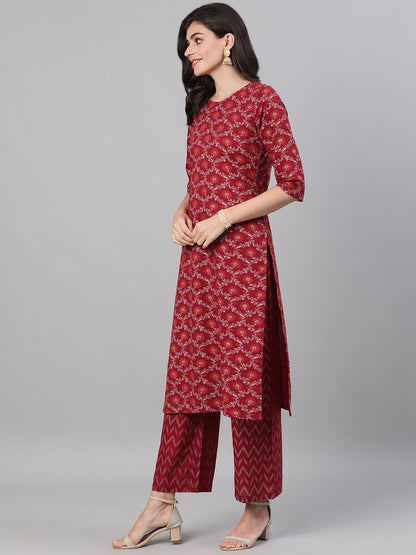 Women's Burgundy Gold Printed Three-Quarter Sleeves Straight Kurta With Palazzo And Dupatta With Pockets And Face Mask