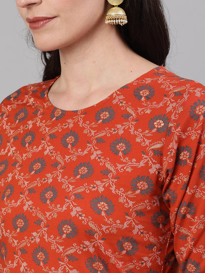 Women's Rust Gold Printed Three-Quarter Sleeves Straight Kurta With Palazzo And Dupatta With Pockets And Face Mask