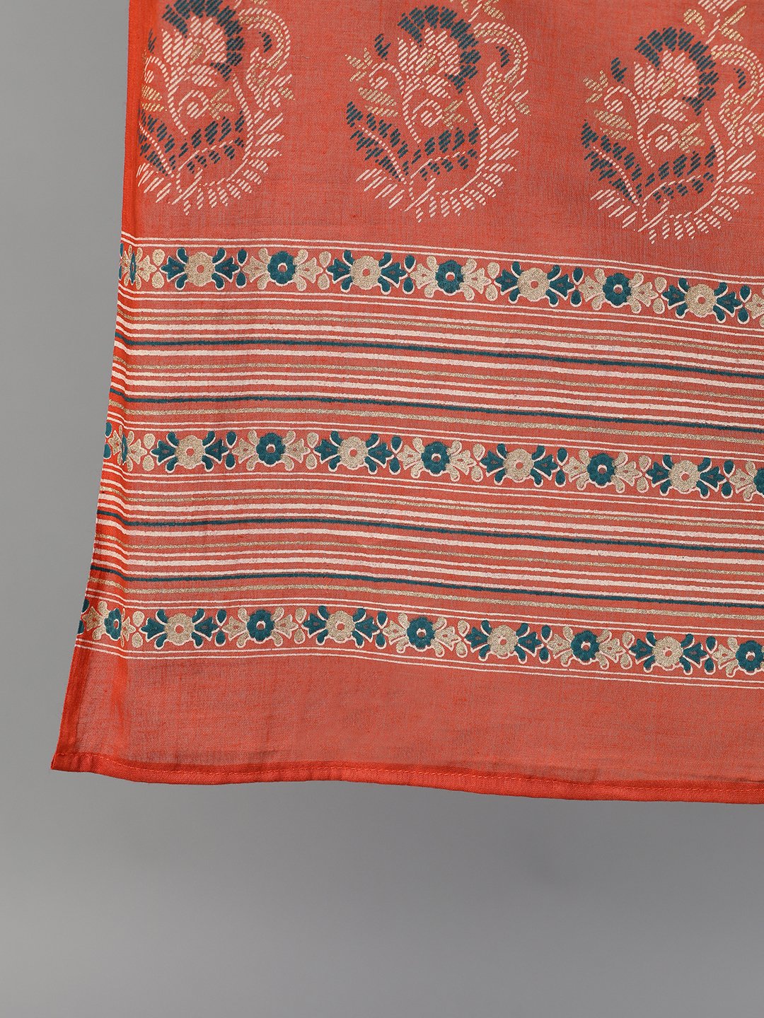 Women's Rust Gold Printed Three-Quarter Sleeves Straight Kurta With Palazzo And Dupatta With Pockets And Face Mask