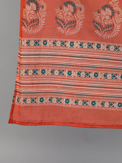 Women's Rust Gold Printed Three-Quarter Sleeves Straight Kurta With Palazzo And Dupatta With Pockets And Face Mask