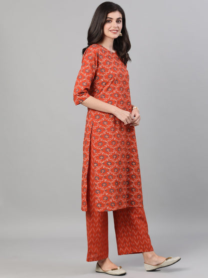 Women's Rust Gold Printed Three-Quarter Sleeves Straight Kurta With Palazzo And Dupatta With Pockets And Face Mask