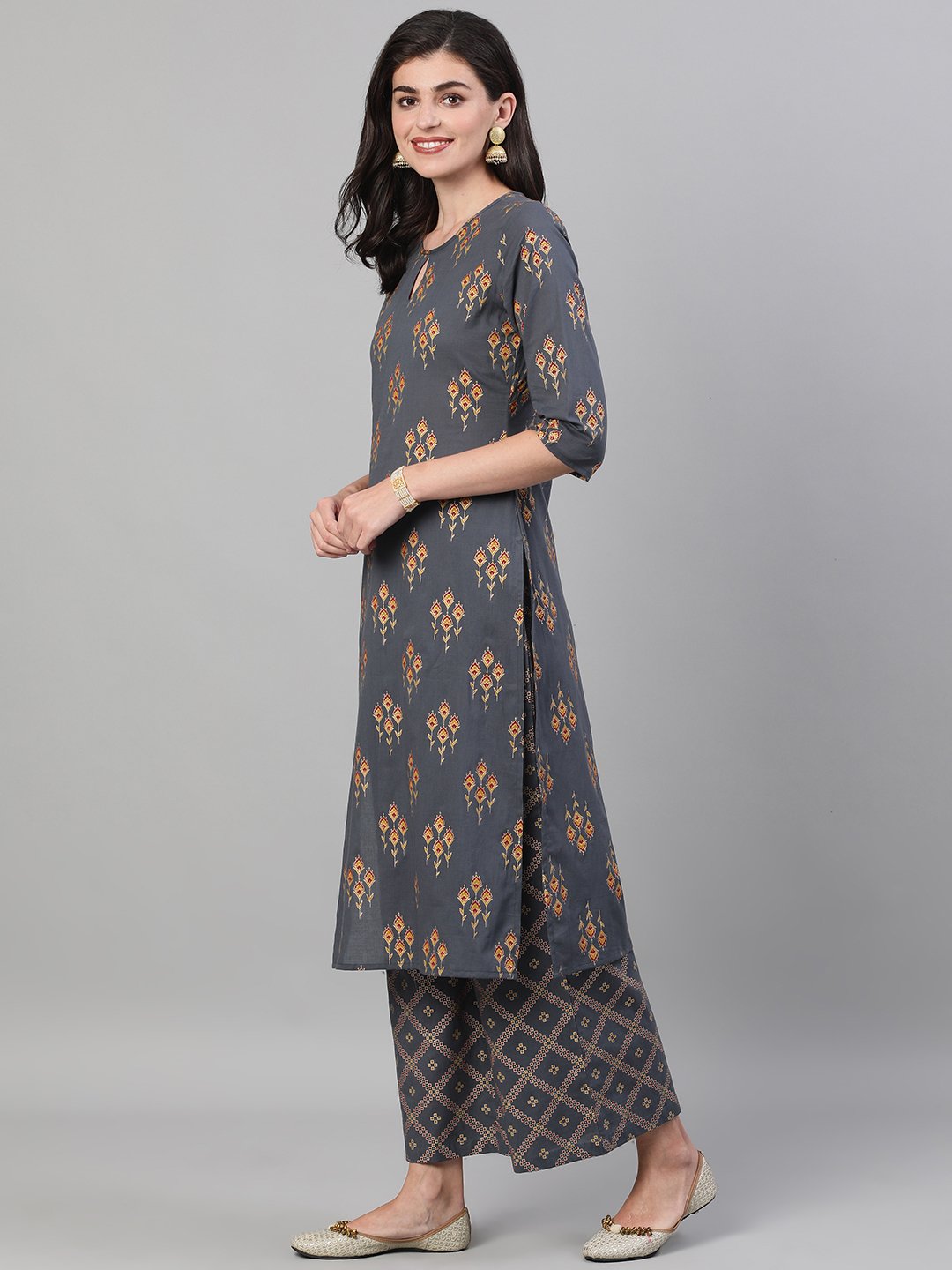 Women's Steel Grey  Gold Printed Three-Quarter Sleeves Straight Kurta With Palazzo and Dupatta with pockets And Face Mask