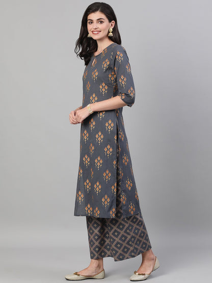 Women's Steel Grey  Gold Printed Three-Quarter Sleeves Straight Kurta With Palazzo and Dupatta with pockets And Face Mask