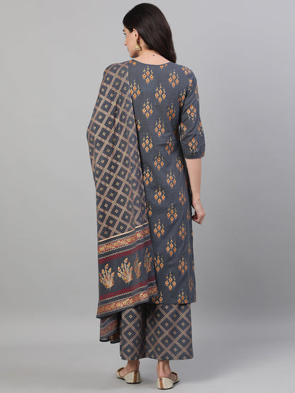 Women's Steel Grey  Gold Printed Three-Quarter Sleeves Straight Kurta With Palazzo and Dupatta with pockets And Face Mask