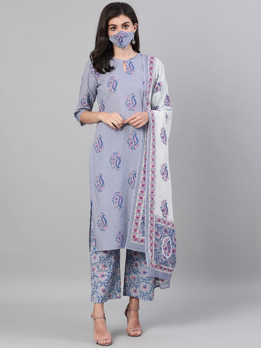 Women's Grey Three-Quarter Sleeves Straight Kurta With Palazzo And Dupatta With Pockets And Face Mask
