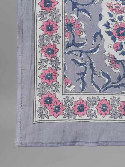 Women's Grey Three-Quarter Sleeves Straight Kurta With Palazzo And Dupatta With Pockets And Face Mask