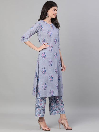 Women's Grey Three-Quarter Sleeves Straight Kurta With Palazzo And Dupatta With Pockets And Face Mask