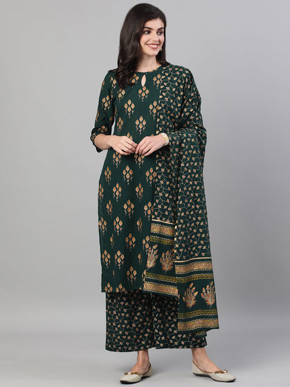 Women's Green Gold Printed Three-Quarter Sleeves Straight Kurta With Palazzo And Dupatta With Pockets And Face Mask