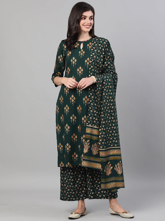 Women's Green Gold Printed Three-Quarter Sleeves Straight Kurta With Palazzo And Dupatta With Pockets And Face Mask