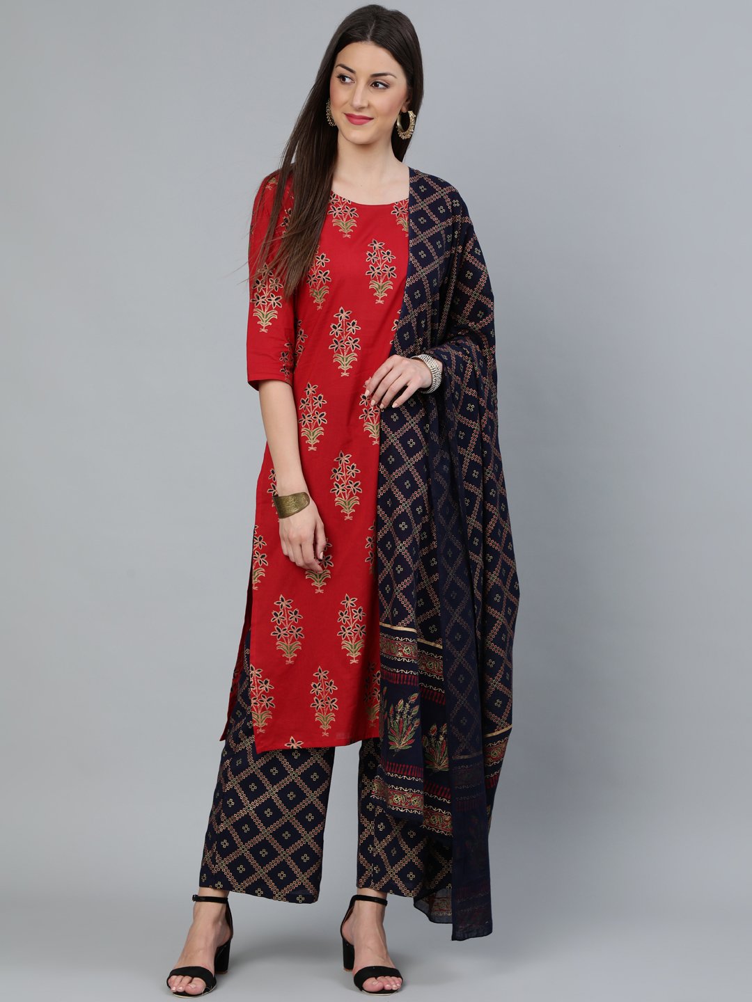Women's Red And Navy Blue Gold Printed Straight Kurta With Palazzo & Dupatta