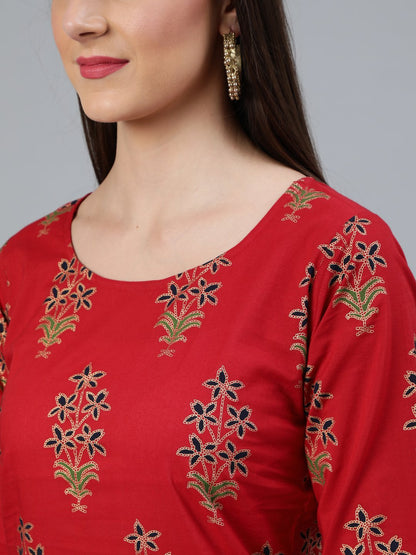 Women's Red And Navy Blue Gold Printed Straight Kurta With Palazzo & Dupatta