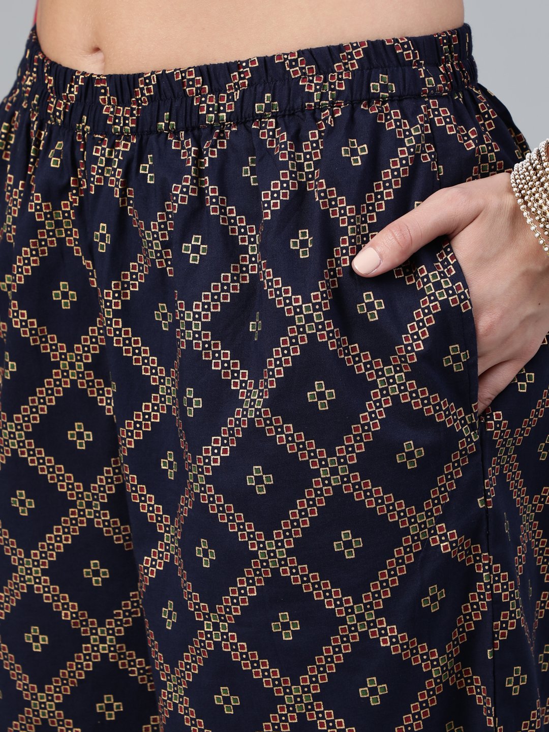 Women's Red And Navy Blue Gold Printed Straight Kurta With Palazzo & Dupatta