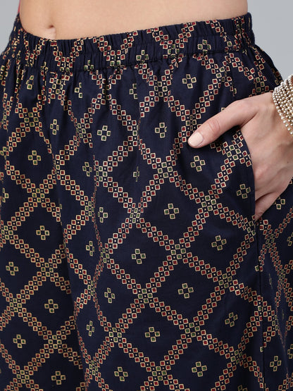 Women's Red And Navy Blue Gold Printed Straight Kurta With Palazzo & Dupatta