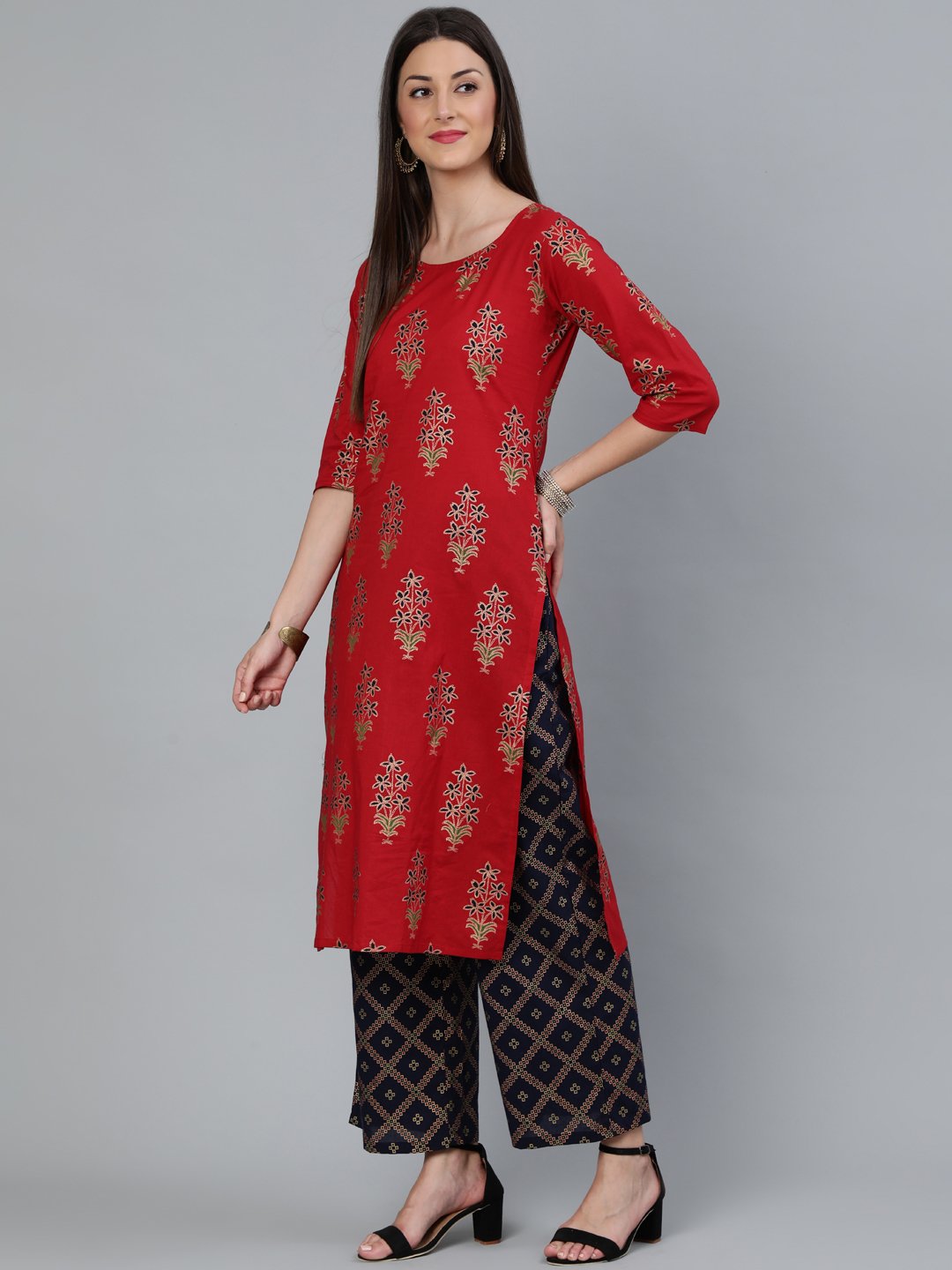 Women's Red And Navy Blue Gold Printed Straight Kurta With Palazzo & Dupatta