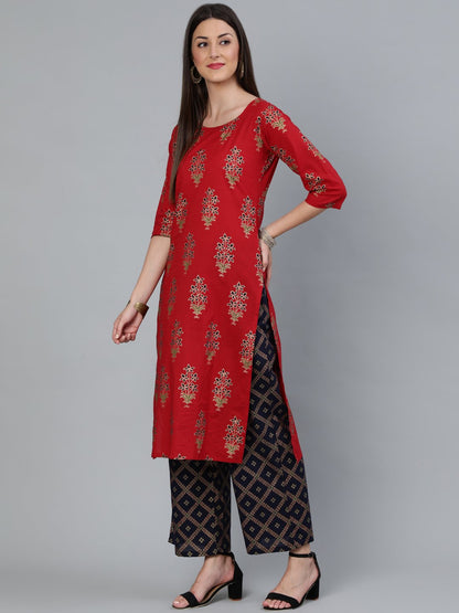 Women's Red And Navy Blue Gold Printed Straight Kurta With Palazzo & Dupatta
