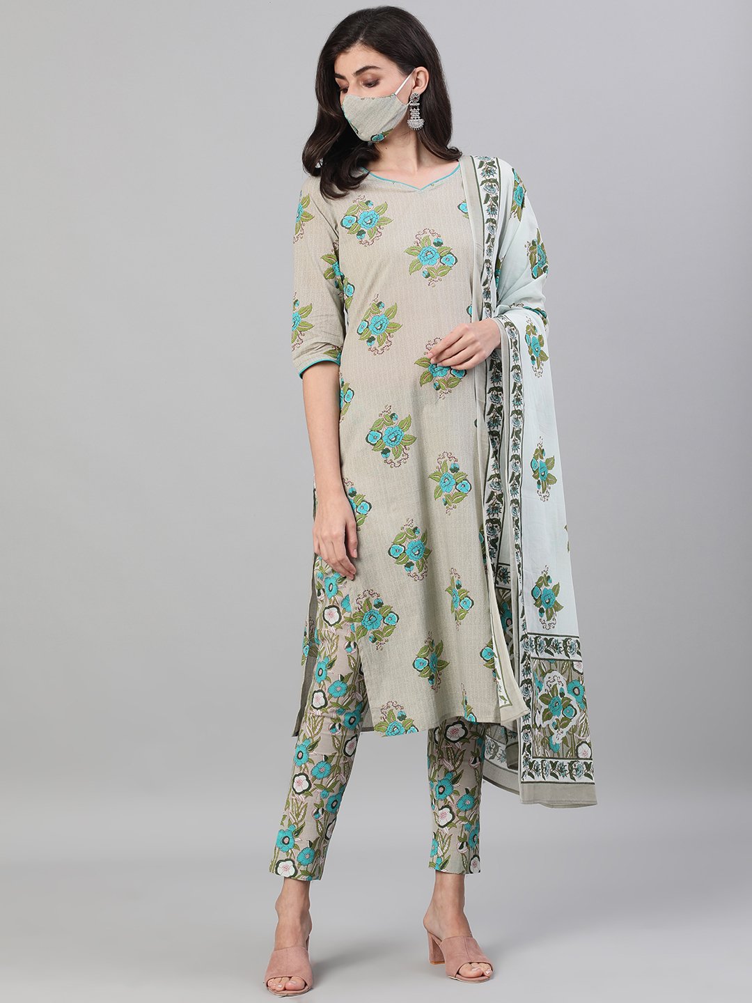 Women's Beige Three-Quarter Sleeves Straight Kurta With Palazzo And Dupatta With Pockets And Face Mask