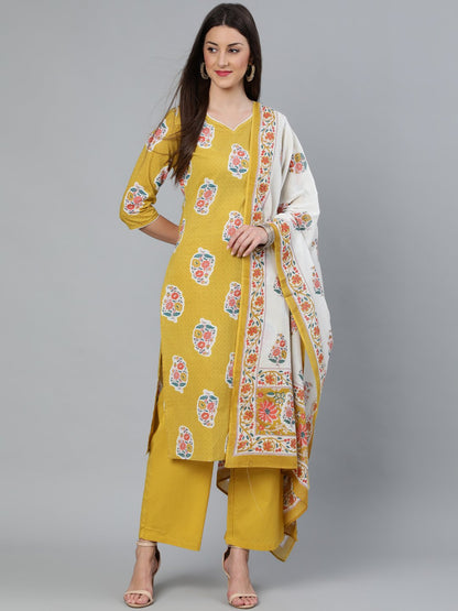 Women's Mustard Three-Quarter Sleeves Straight Kurta With Palazzo And Dupatta With Pockets