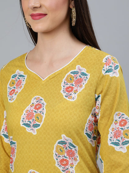 Women's Mustard Three-Quarter Sleeves Straight Kurta With Palazzo And Dupatta With Pockets