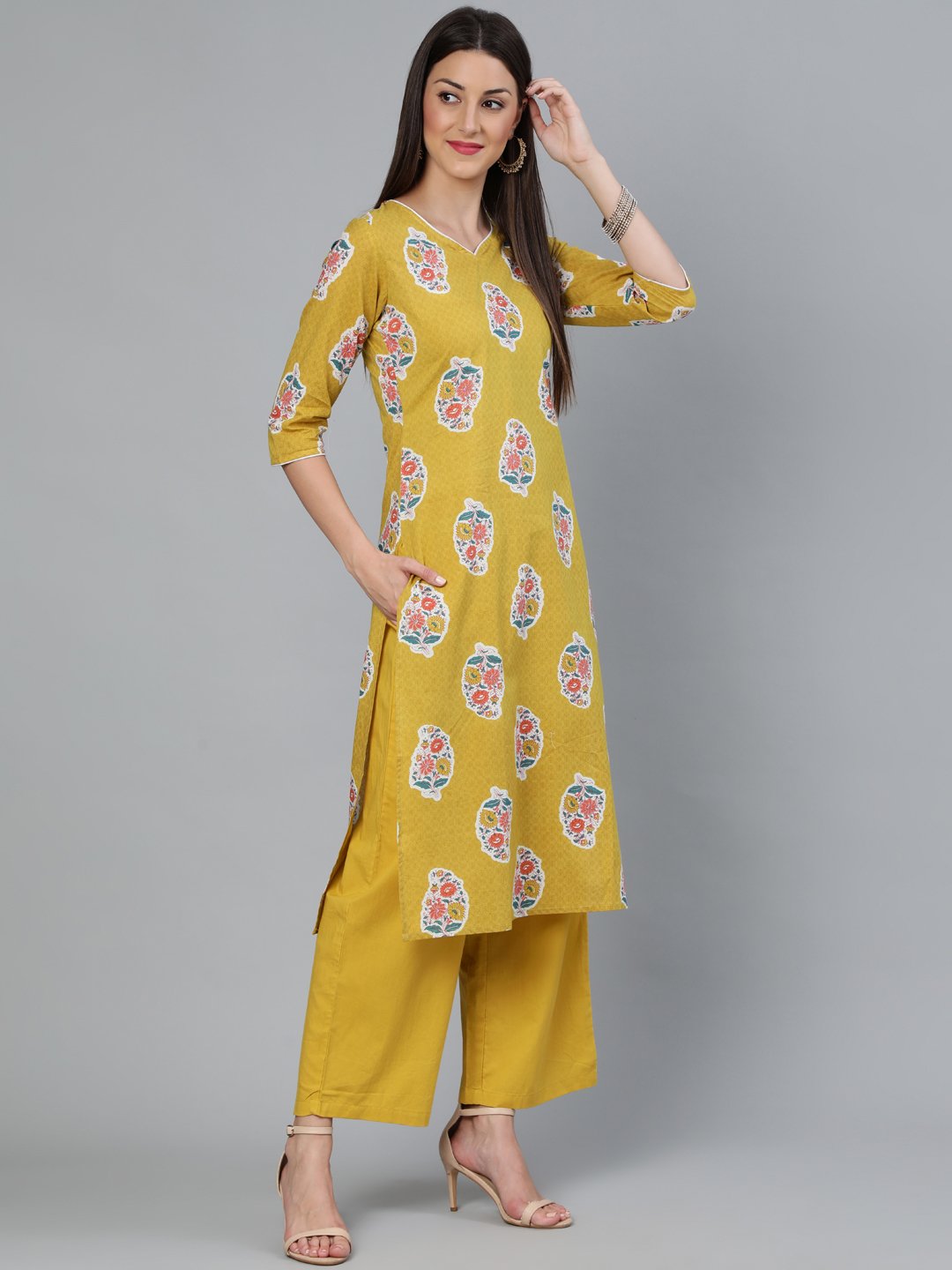 Women's Mustard Three-Quarter Sleeves Straight Kurta With Palazzo And Dupatta With Pockets