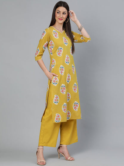 Women's Mustard Three-Quarter Sleeves Straight Kurta With Palazzo And Dupatta With Pockets
