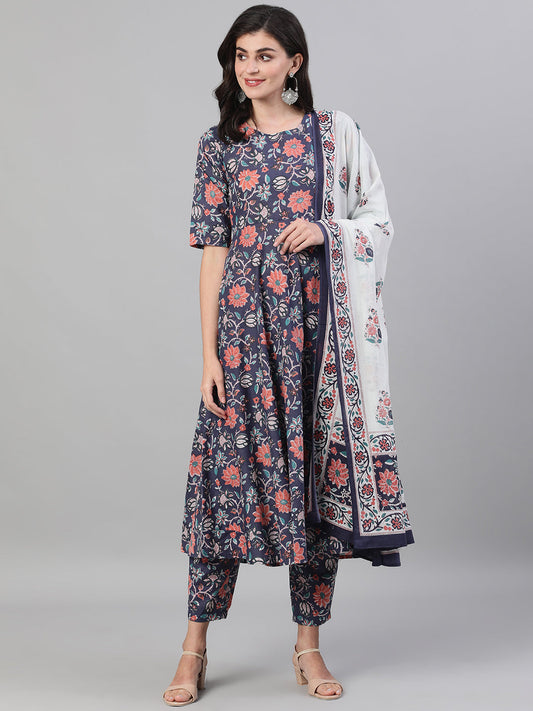 Women's Blue Three-Quarter Sleeves Flared Kurta With Palazzo And Dupatta With Pockets And Face Mask