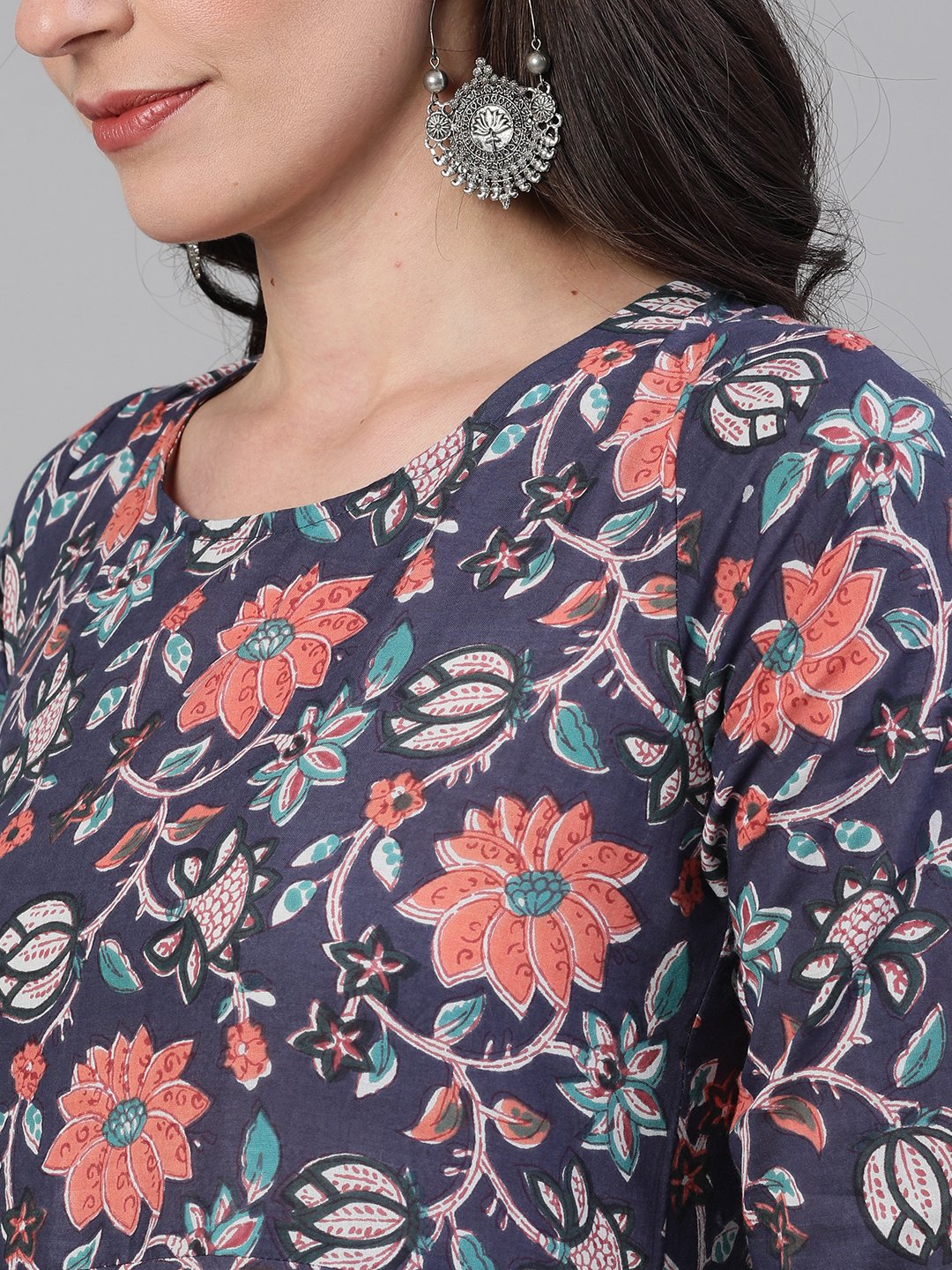 Women's Blue Three-Quarter Sleeves Flared Kurta With Palazzo And Dupatta With Pockets And Face Mask