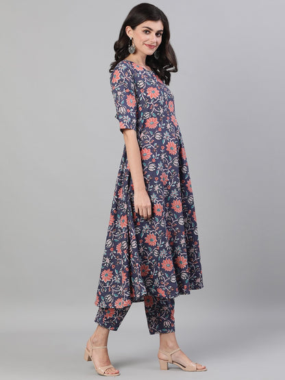 Women's Blue Three-Quarter Sleeves Flared Kurta With Palazzo And Dupatta With Pockets And Face Mask
