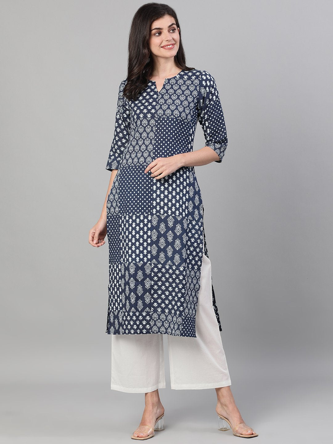 Women's Indigo Calf Length Three-Quarter Sleeves Straight Ethnic Motif Printed Cotton Kurta With Pockets