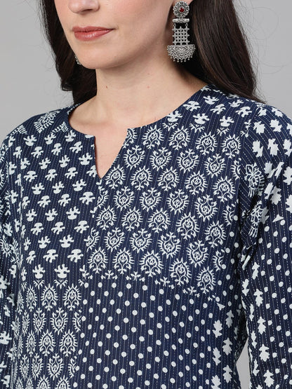 Women's Indigo Calf Length Three-Quarter Sleeves Straight Ethnic Motif Printed Cotton Kurta With Pockets