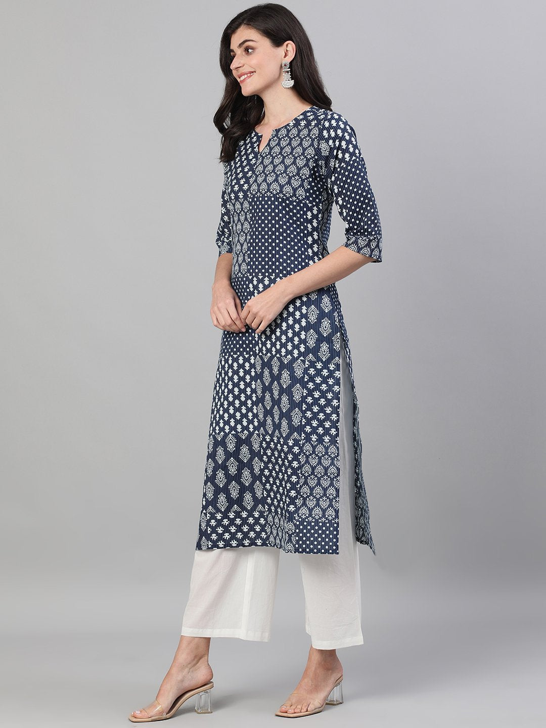 Women's Indigo Three-Quarter Sleeves Straight Kurta With Palazzo With Pockets
