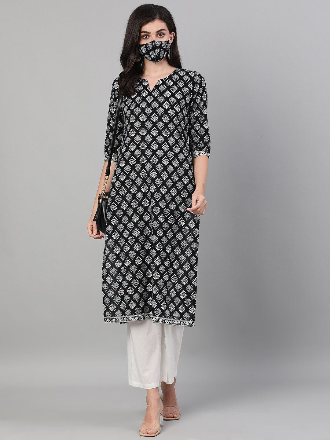 Women's Black Calf Length Three-Quarter Sleeves Straight Ethnic Motif Printed Cotton Kurta With Pockets And Face Mask
