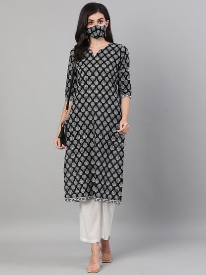 Women's Black Calf Length Three-Quarter Sleeves Straight Ethnic Motif Printed Cotton Kurta With Pockets And Face Mask