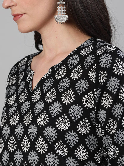 Women's Black Calf Length Three-Quarter Sleeves Straight Ethnic Motif Printed Cotton Kurta With Pockets And Face Mask