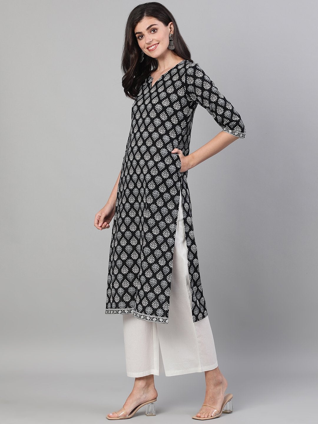 Women's Black Calf Length Three-Quarter Sleeves Straight Ethnic Motif Printed Cotton Kurta With Pockets And Face Mask