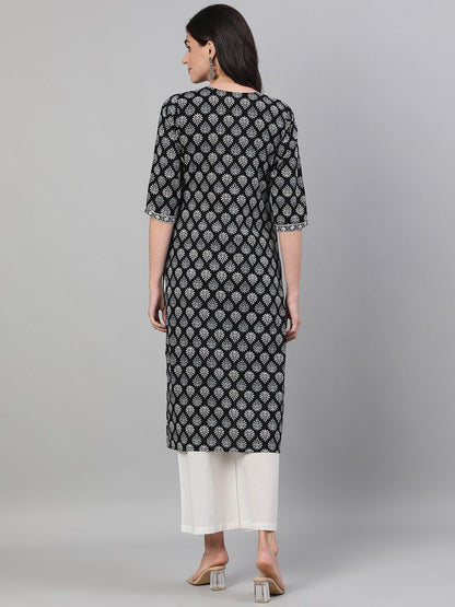 Women's Black Calf Length Three-Quarter Sleeves Straight Ethnic Motif Printed Cotton Kurta With Pockets And Face Mask