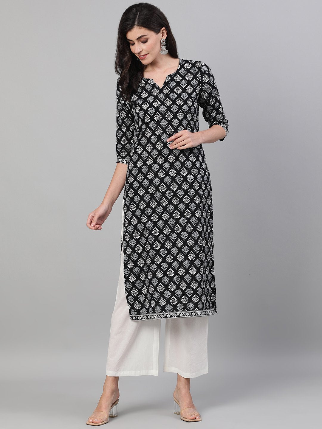Women's Black Calf Length Three-Quarter Sleeves Straight Ethnic Motif Printed Cotton Kurta With Pockets And Face Mask