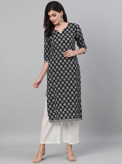 Women's Black Calf Length Three-Quarter Sleeves Straight Ethnic Motif Printed Cotton Kurta With Pockets And Face Mask