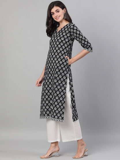 Women's Black Three-Quarter Sleeves Straight Kurta With Palazzo And Pockets And Face Mask