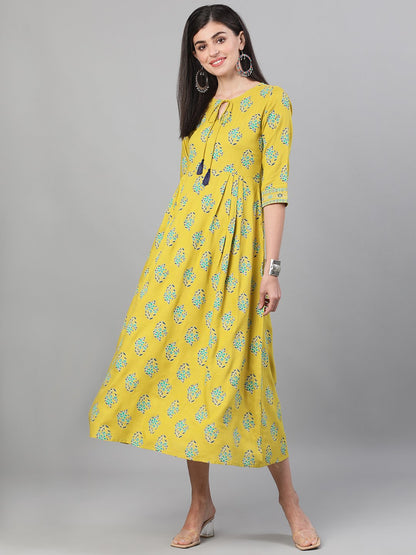 Women's Green Printed Round Neck Viscose Rayon Fit And Flare Dress With Pockets