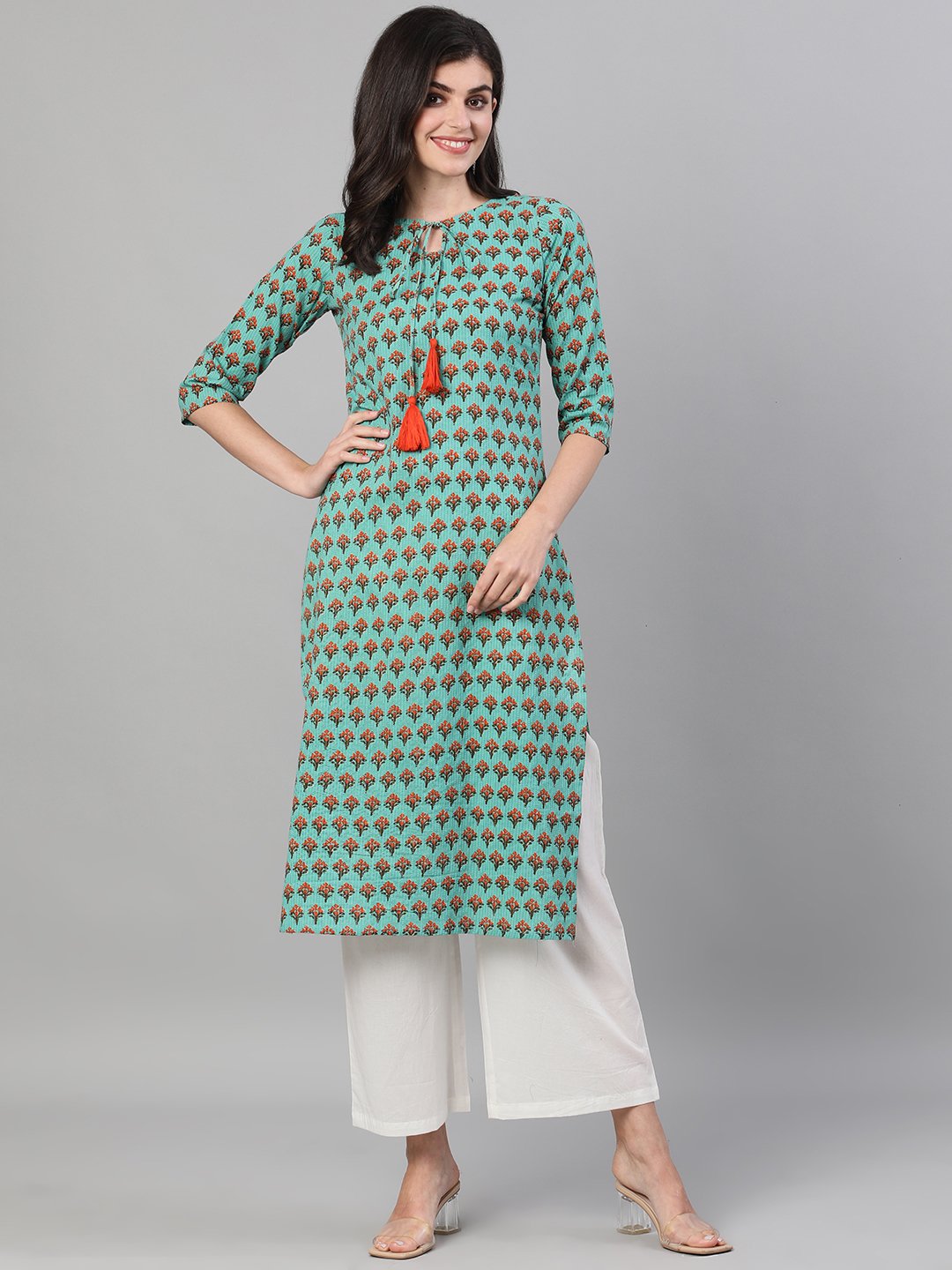 Women's Green Calf Length Three-Quarter Sleeves Straight Floral Printed Cotton Kurta With Pockets