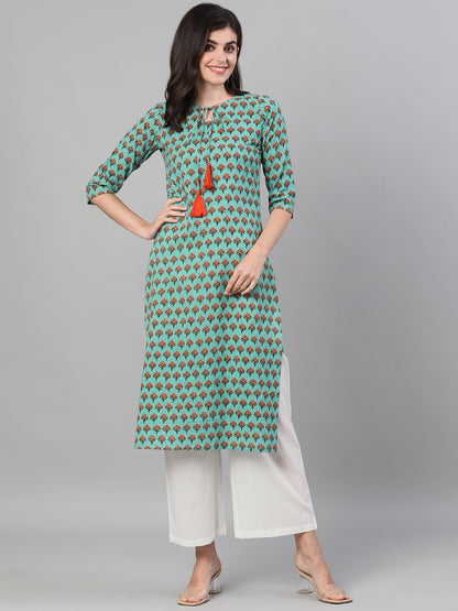 Women's Green Calf Length Three-Quarter Sleeves Straight Floral Printed Cotton Kurta With Pockets