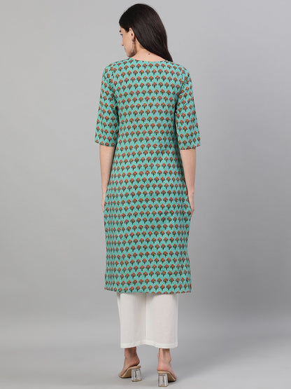 Women's Green Calf Length Three-Quarter Sleeves Straight Floral Printed Cotton Kurta With Pockets