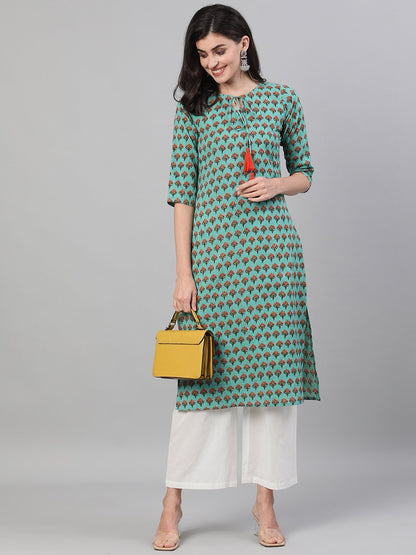 Women's Green Calf Length Three-Quarter Sleeves Straight Floral Printed Cotton Kurta With Pockets
