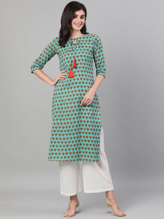 Women's Green Three-Quarter Sleeves Straight Kurta With Palazzo With Pockets