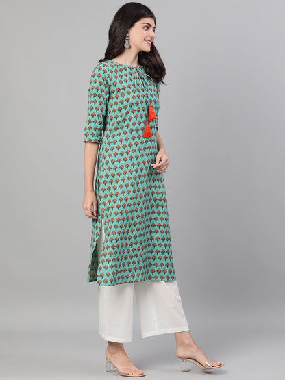 Women's Green Three-Quarter Sleeves Straight Kurta With Palazzo With Pockets