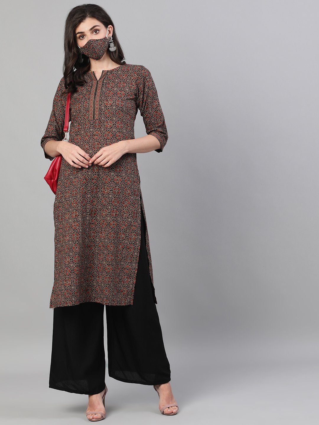 Women's Brown Calf Length Three-Quarter Sleeves Straight Ethnic Motif Printed Cotton Kurta With Pockets And Face Mask