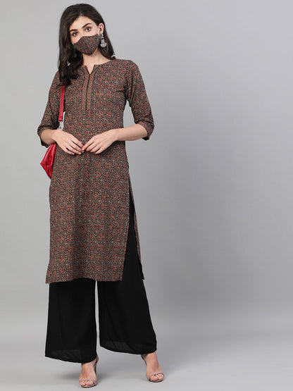 Women's Brown Calf Length Three-Quarter Sleeves Straight Ethnic Motif Printed Cotton Kurta With Pockets And Face Mask