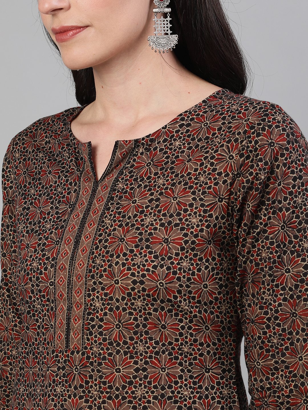 Women's Brown Calf Length Three-Quarter Sleeves Straight Ethnic Motif Printed Cotton Kurta With Pockets And Face Mask