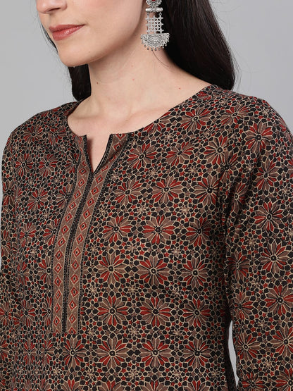 Women's Brown Calf Length Three-Quarter Sleeves Straight Ethnic Motif Printed Cotton Kurta With Pockets And Face Mask