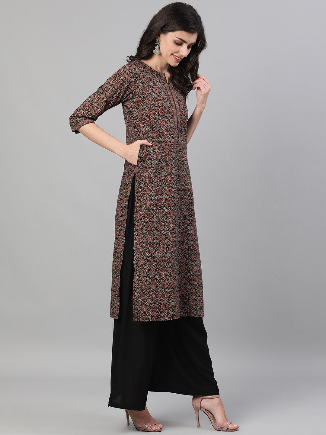 Women's Brown Calf Length Three-Quarter Sleeves Straight Ethnic Motif Printed Cotton Kurta With Pockets And Face Mask